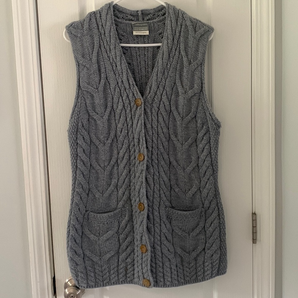 Carraigdonn Made in Ireland Rare Merino Wool Sweater open cardigan vest gray M